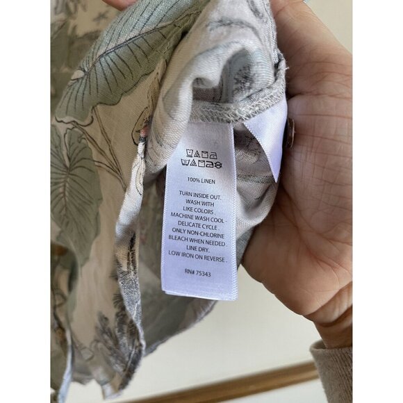 artisanNY 100% Linen Size Large Button Up Collared Cropped Short Sleeve Tropical - Picture 8 of 9